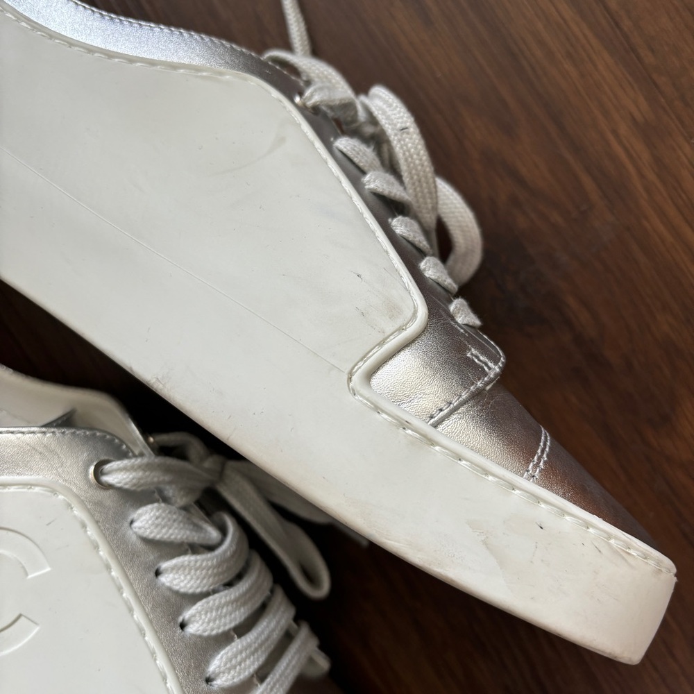 Chanel Interlocking CC Leather & Rubber White Silver Wedge Sneakers Trainers - Picture 6 of 15